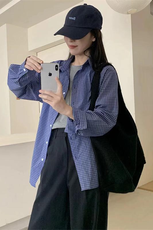 Retro lazy style blue plaid shirt for women loose commuting chic Korean version long-sleeved casual sunscreen shirt jacket