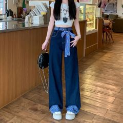 Real shot~Split loose wide-leg jeans for women 2025 spring bow tie straight floor mopping pants