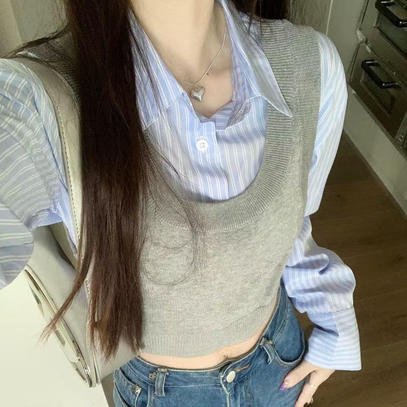 撞色條紋長袖襯衫女裝辣妹風顯瘦短款別致上衣