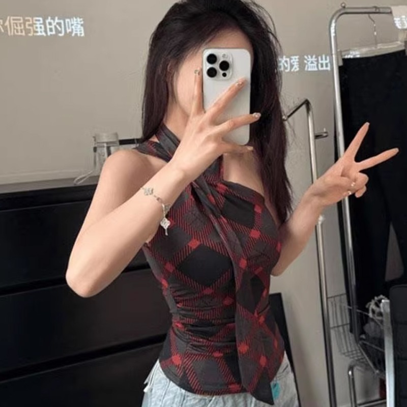 American cool plaid neck halter vest for women in summer design slim fit and sleeveless top