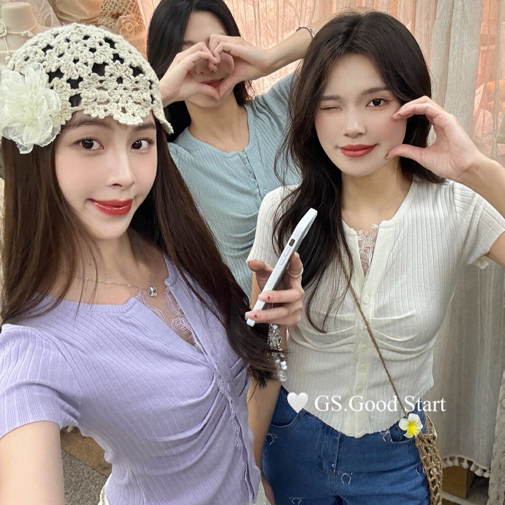 Super good color!  Korean simple multi-color waist-closed short-sleeved knitted shirt