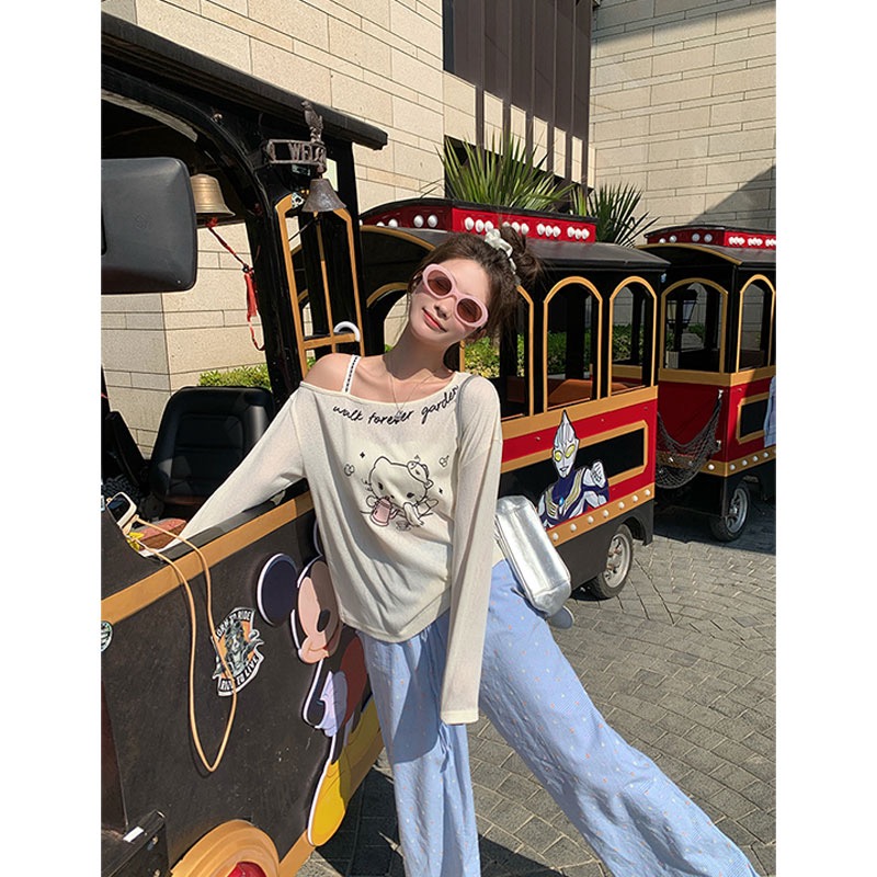 Original fabric Cute cat off-shoulder long-sleeved summer loose cartoon printed T-shirt blouse off-shoulder design top