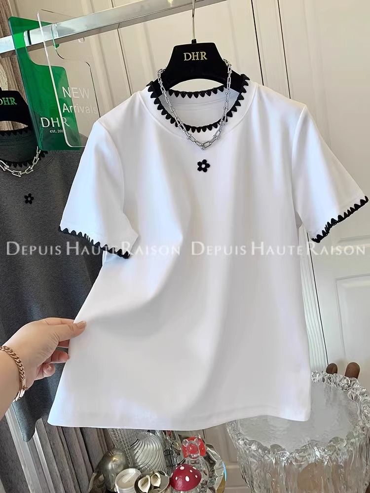 Embroidery + 21 super cool cotton 220 grams extra large size 240 catties sweet age-reducing short-sleeved T-shirt for women