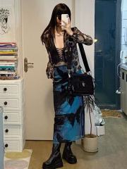 夏季新款國風黑藍色蝴蝶印花扎染新中式小眾別致半身長裙