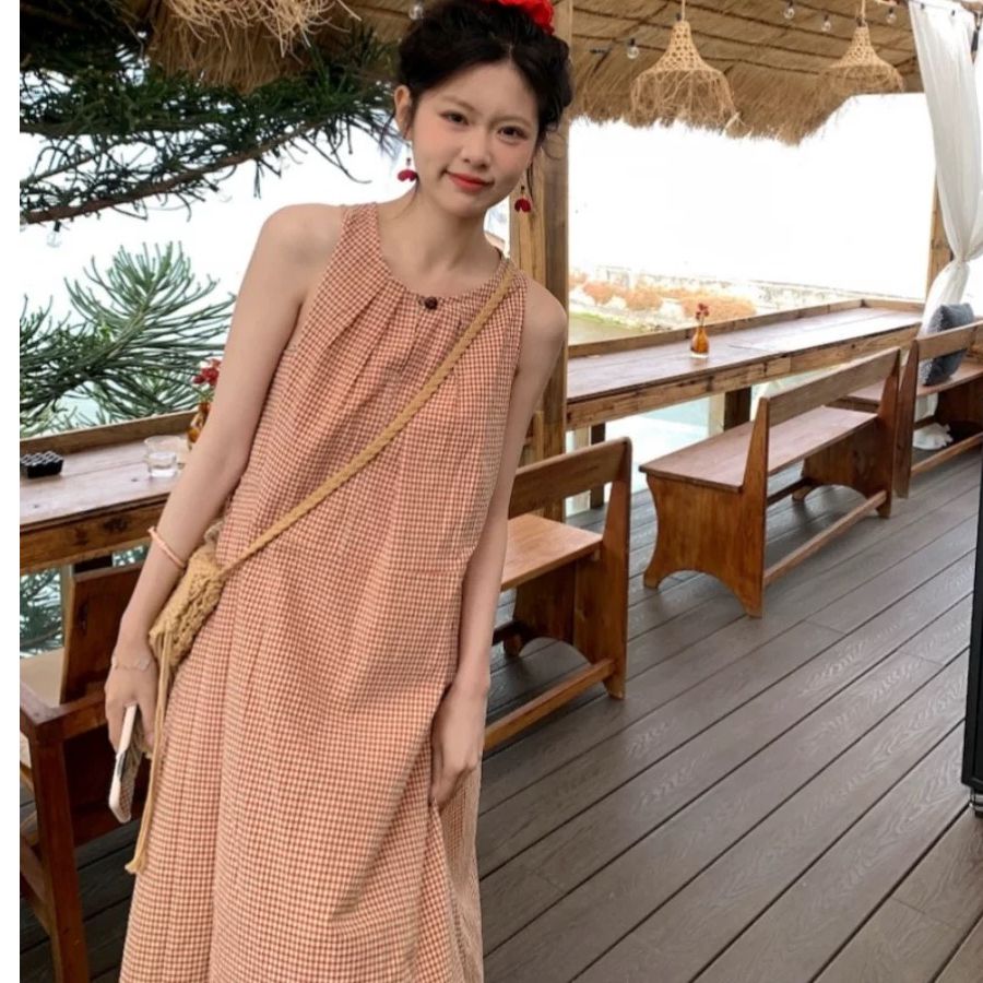 韓系甜美格子壓褶圓領連衣裙女夏季2025新款寬鬆中長款A字背心裙