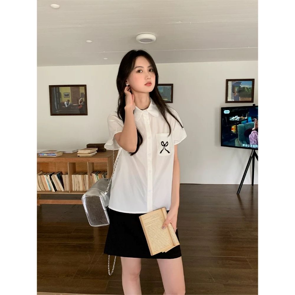 白色蝴蝶結正肩短袖襯衫女夏季2025新款設計感小眾小個子襯衣上衣