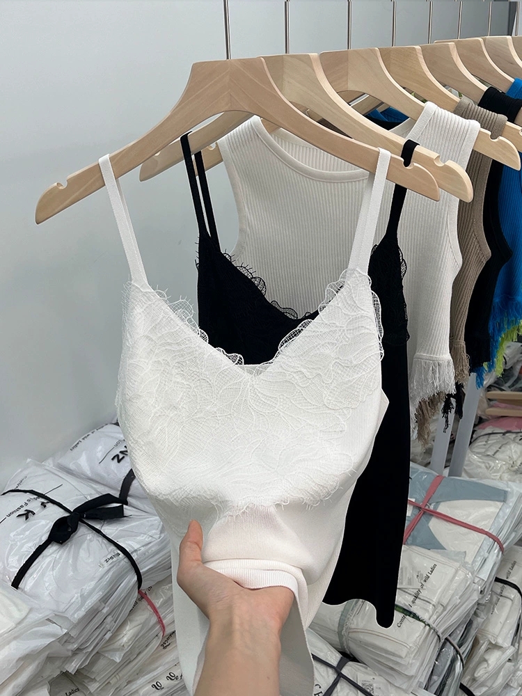 Pure sexy white ice silk knitted lace suspender vest for women wearing French sweet hot girl sleeveless top