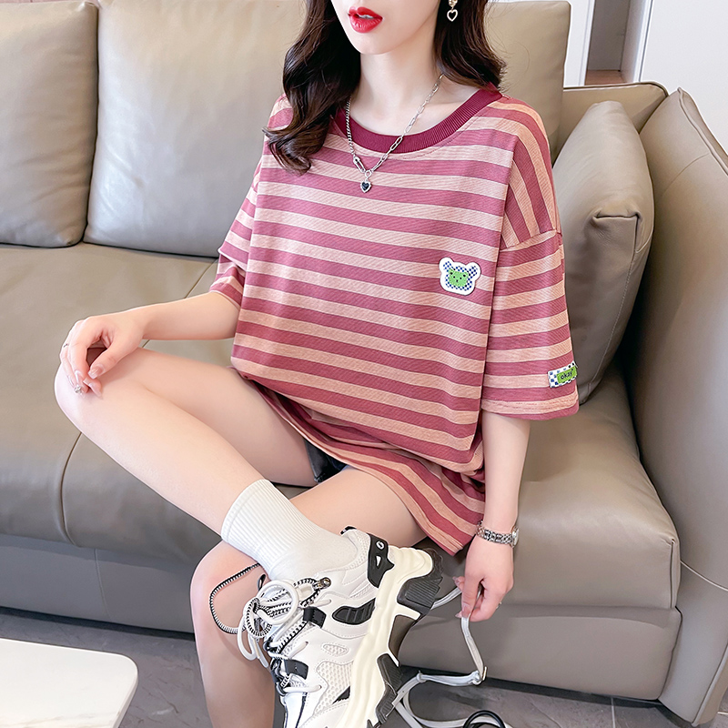 First-time real shot, 100 cotton collar, pure cotton striped T-shirt, summer new top for women