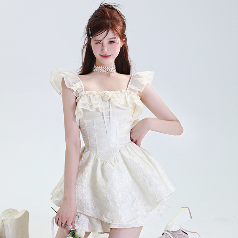 Dopamine dressing, golden style cake skirt, Feifei sleeves, American retro 2k millennium sweet hot girl dress women's suit