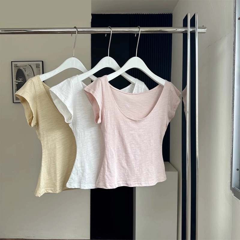 Bamboo-joint cotton pure cotton short-sleeved T-shirt for women in summer slim fit and small short half-sleeved large neck top