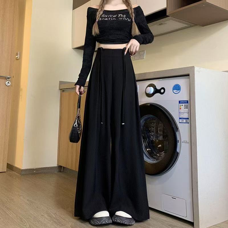 灰色抽繩高腰垂感西裝褲女2025年新款高級感寬鬆顯瘦大褲腿闊腿褲
