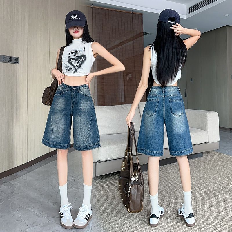 Real shot of 2025 spring and summer retro high-waist denim shorts for women versatile loose splicing five-point wide-leg pants