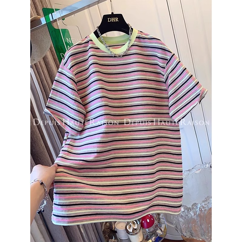Solona neckline + original fabric extra large size 240 catties unique striped short-sleeved T-shirt for women