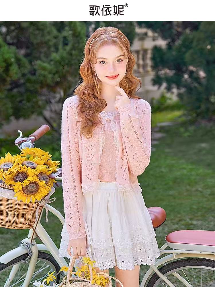 2025 spring new style for women's sweet pure lace slim hollow short pink knitted sweater cardigan top