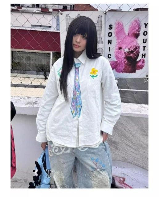 Original cotton fabric hand-painted graffiti tie shirt for women's fun college style shirt spring