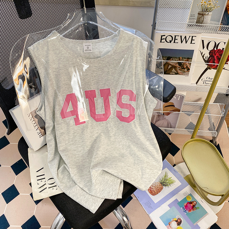 Real shot 21 pure cotton quality design-feeling letter embroidery new mid-length vest top