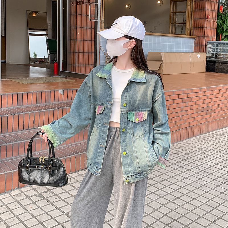 Real shot~ Gradient contrasting lapel denim jacket for women's spring new design niche jacket top trend