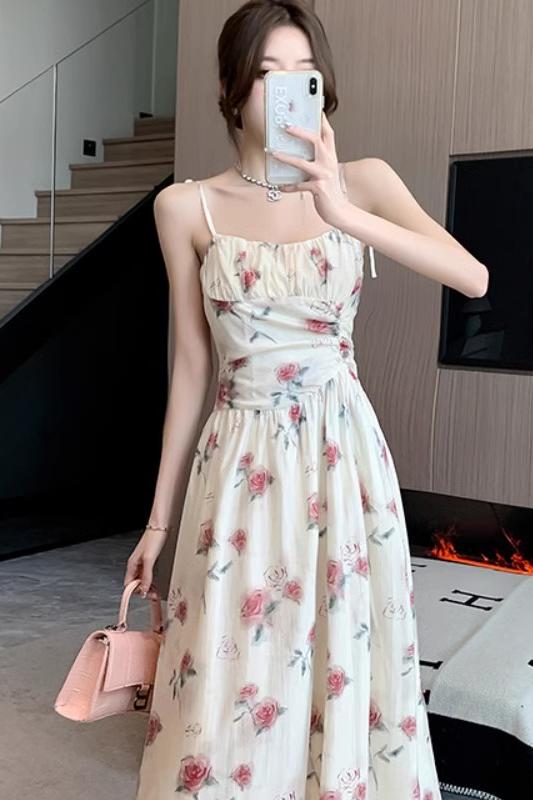 Romantic tea break dress summer new suspender rose French waist-hugging floral seaside vacation fairy skirt