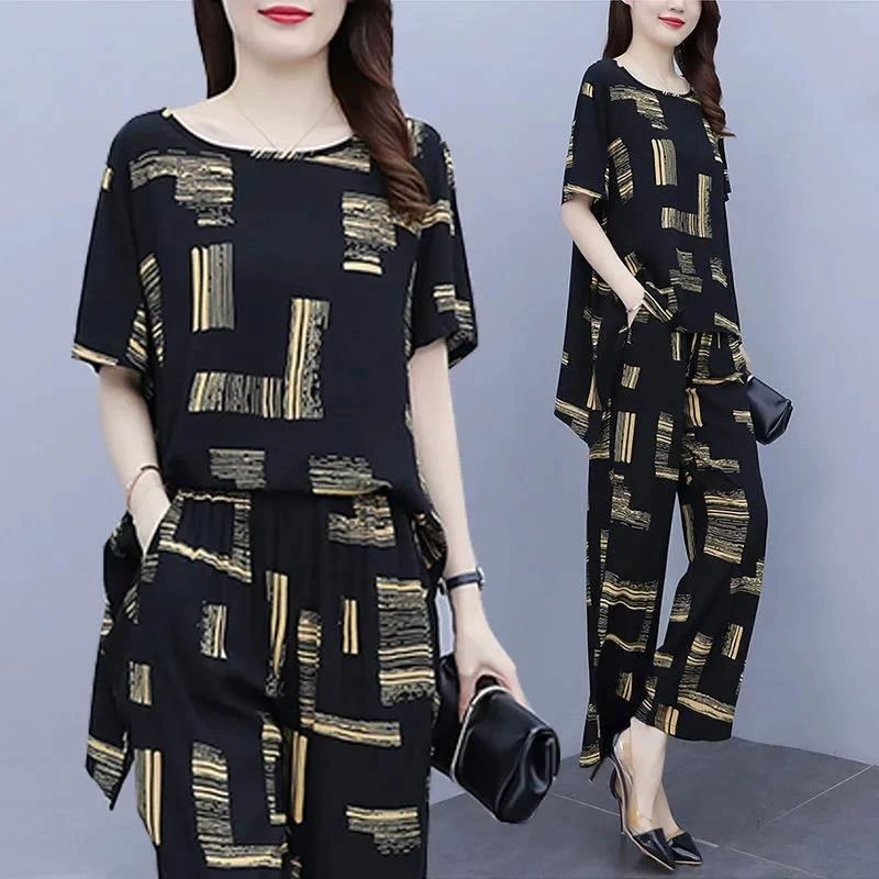 大碼女裝媽媽夏裝套裝洋氣2025新款休閒時尚減齡顯瘦闊腿褲兩件套