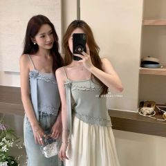 天貓質量2025夏季背心吊帶辣妹純欲風不規則木耳邊玫瑰針織衫