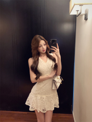 實拍 氣質高級V領鈎花蕾絲無袖魚尾裙