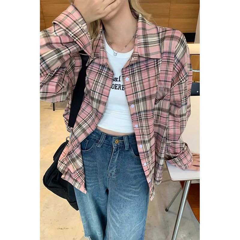 美式氣質復古格子襯衫女ins春夏粉色寬鬆慵懶風韓系防曬上衣外套