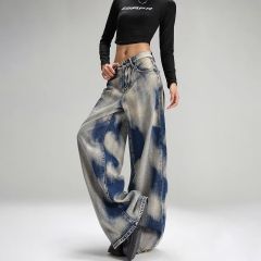 Ink painting tie-dye retro jeans for women in autumn and winter new style high-waisted slim straight loose casual wide-leg floor trousers