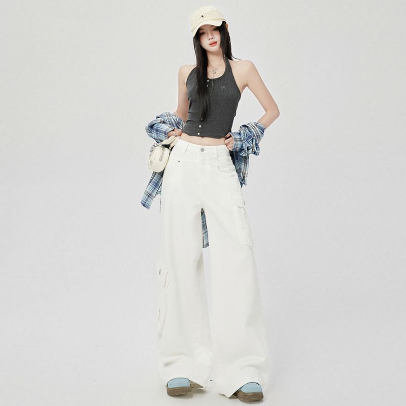 Real shot of 2025 spring fashion trend casual pants for women high waist work clothes wide-leg pants