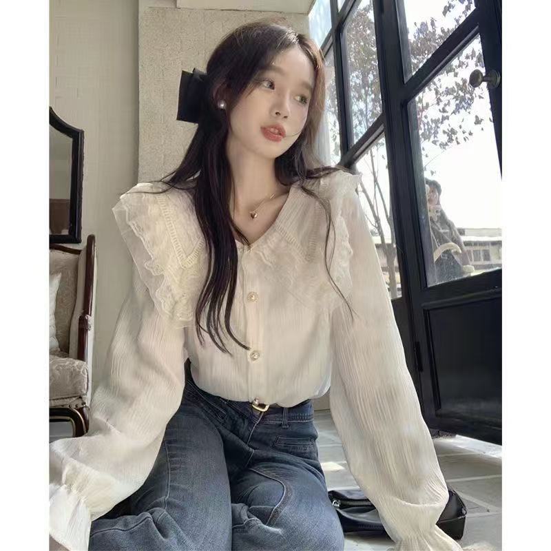 法式復古襯衫女春秋設計娃娃領別致小眾上衣襯衣女款2025新款