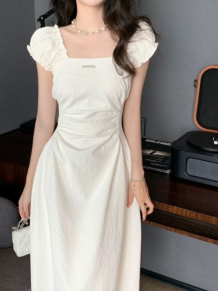French square collar white dress for women in summer 2025 new first love pure milk sweet small waist long skirt