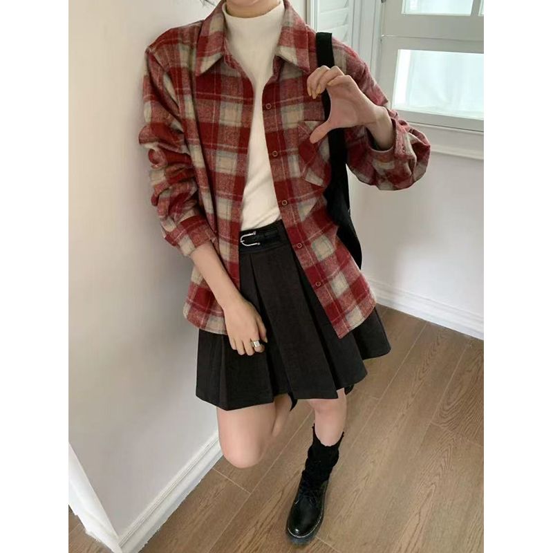 韓系設計格子襯衫學院春秋長袖慵懶風外套復古疊穿紅色格紋襯衣女