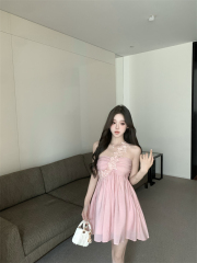 實拍 天絲不規則斜肩蕾絲花朵吊帶抹胸裙連衣裙