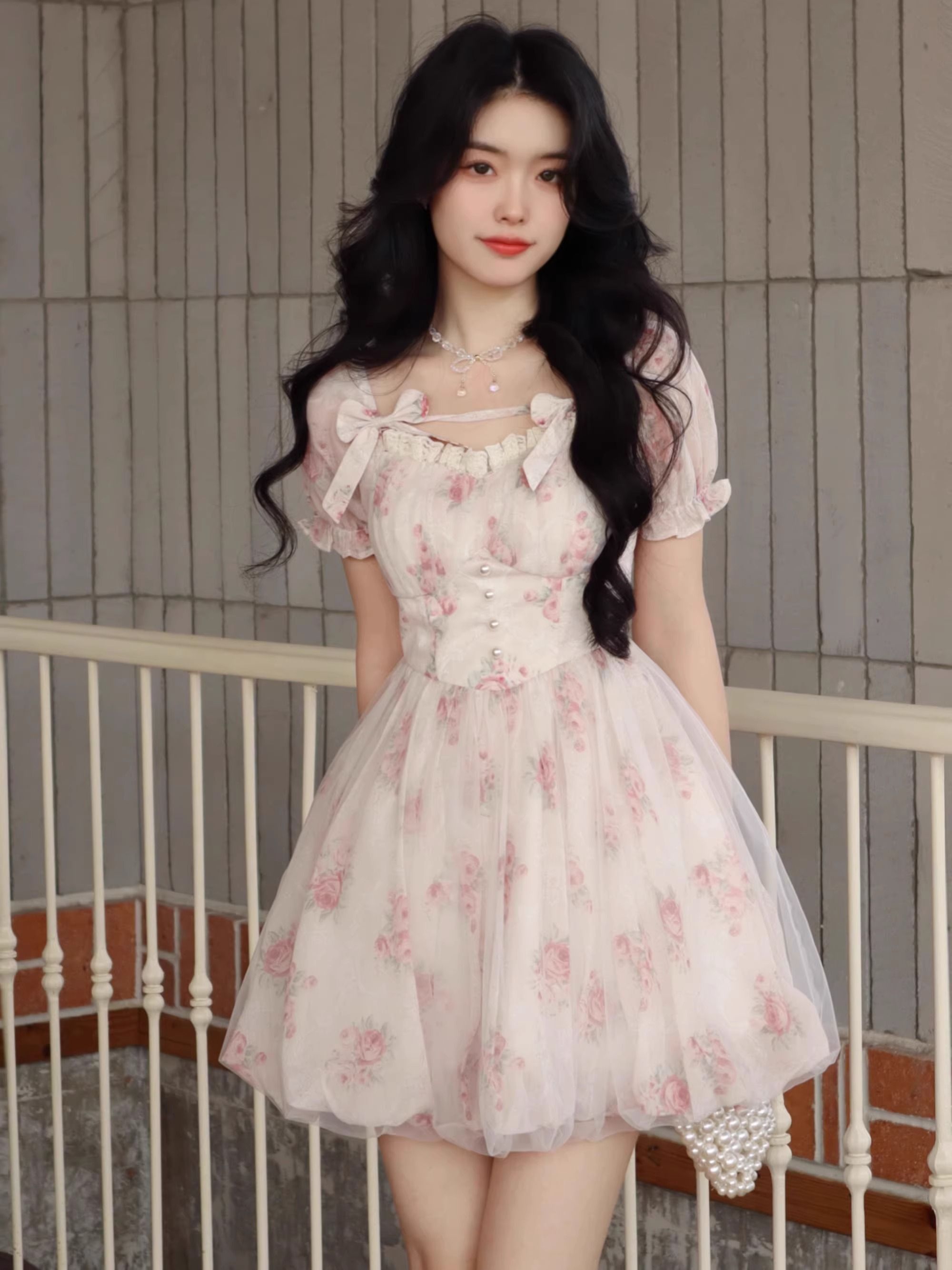 French sweet floral chiffon dress for women with waist-hugging temperament fairy little person with high-end design sense princess skirt