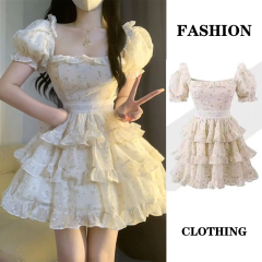 Ballet style tea break French unique dress with super beautiful and fairy temperament Square collar waist-hugging cake puffy skirt new style