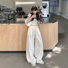 Real shot of 2025 spring fashion high waist wide-leg pants floral drawstring elastic waist straight-leg casual pants