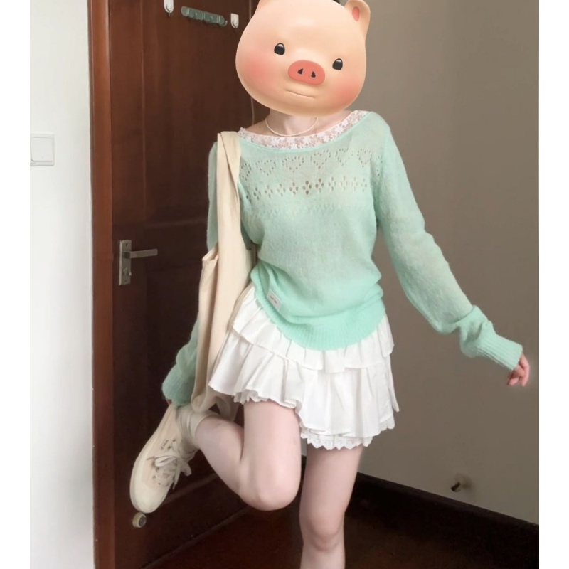 Fresh Mint Mambo T-shirt design sense knitted spliced ​​lace hollow sunscreen blouse for women
