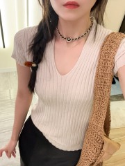 修身顯瘦細膩6yang毛夏季v領正肩短袖薄針織衫套頭上衣女