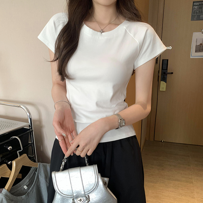 Real photos unique front shoulder slim short-sleeved T-shirt for women's summer 2025 new pure slim fit inner top