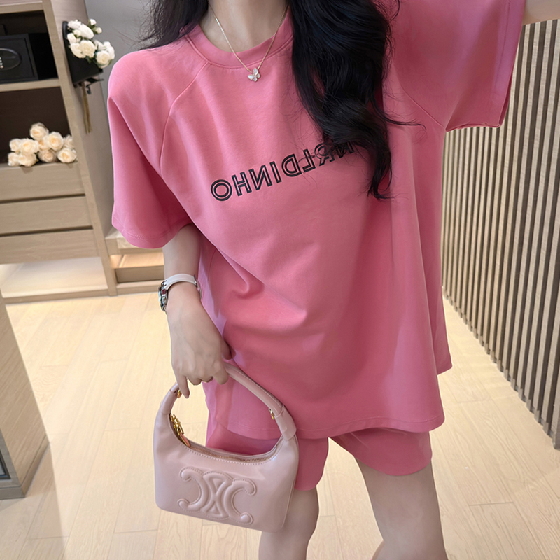 Milk silk double grinding sports suit for women's summer short-sleeved T-shirt top casual shorts versatile loose two-piece set