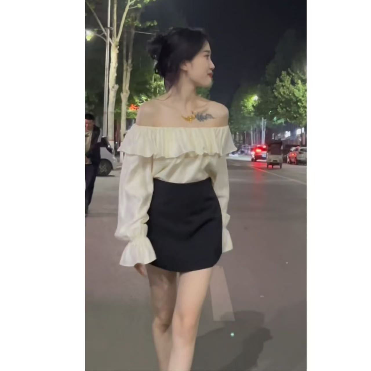 韓系氣質純欲一字肩荷葉邊寬鬆喇叭袖襯衫上衣套裝