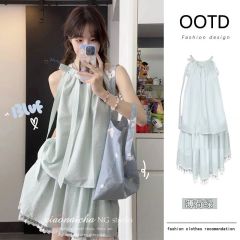 薄荷曼波風掛脖背心上衣裙子套裝女夏季2025新款小個子甜美兩件套