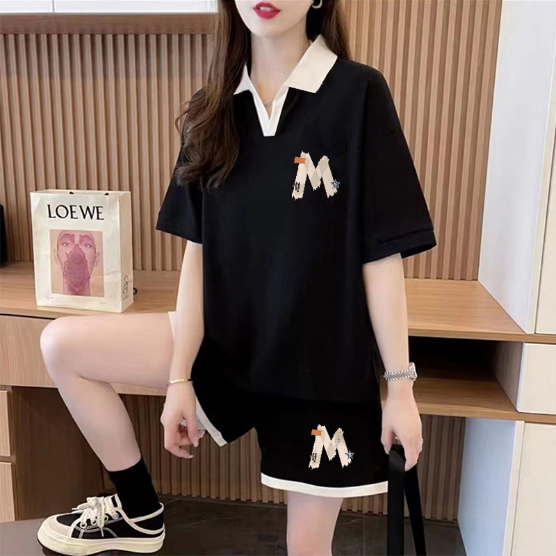Real shot of pure cotton 32 double yarn 320g 2025 summer sports short-sleeved T-shirt and shorts two-piece suit for women
