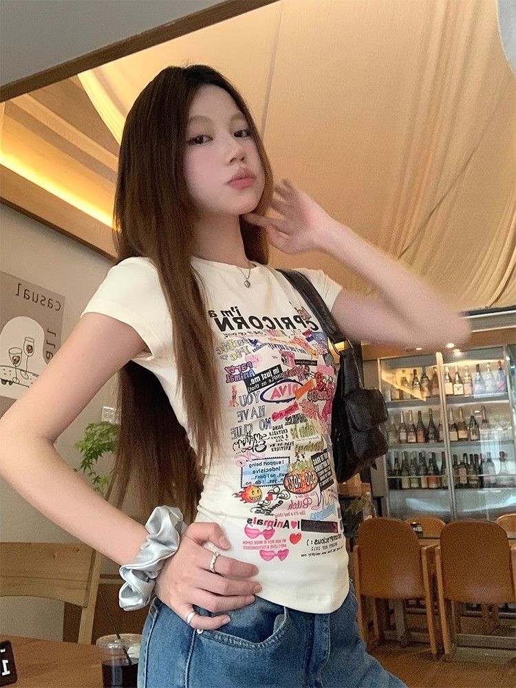 膠印圓領短款印花T恤女春夏修身正肩美式復古顯瘦短袖上衣