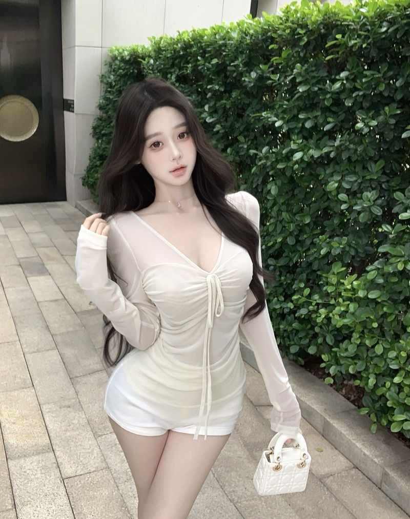 實拍 簡單顯身材 v領系帶長袖t恤純欲設計感微透收腰顯瘦上衣