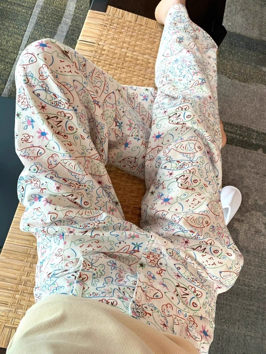 Cropped pants digital direct spray lazy style small fish cartoon fun printed straight-leg pants women's floor niche sense