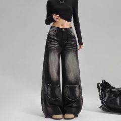 American retro wide-leg jeans for women's spring new black and gray loose straight-leg pants slim trousers