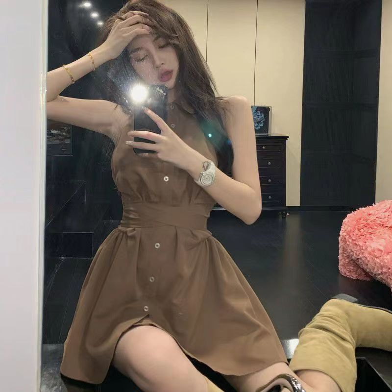 法式辣妹襯衫掛脖連衣裙女小個子後背蝴蝶結無袖收腰polo裙
