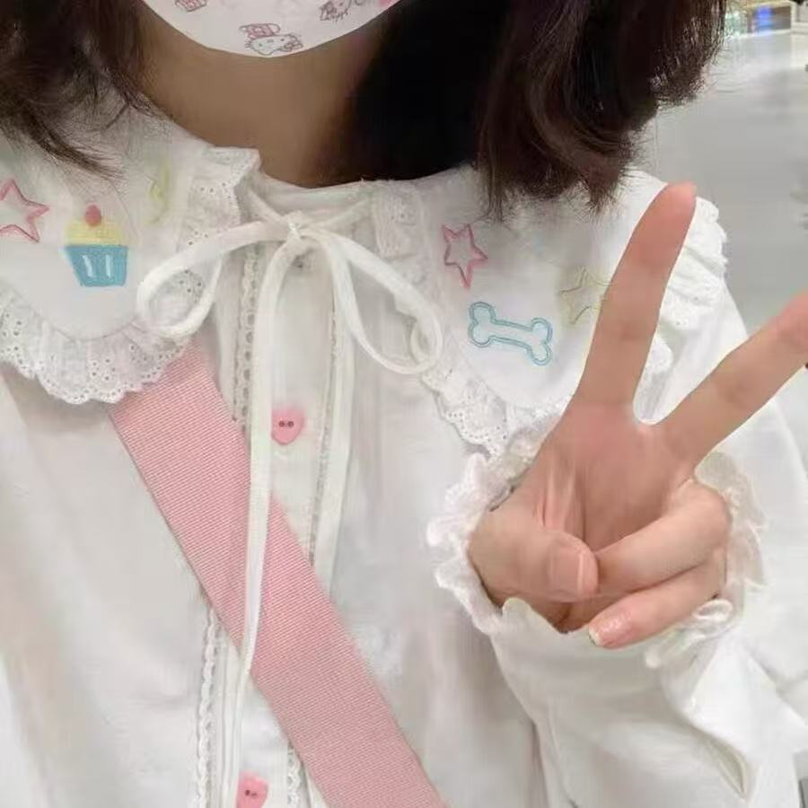 日系軟妹可愛娃娃領蕾絲花邊jk襯衫女復古內搭長袖上衣