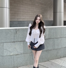實拍 純棉方領小飛袖扭結襯衫秋季蕾絲木耳邊優雅上衣