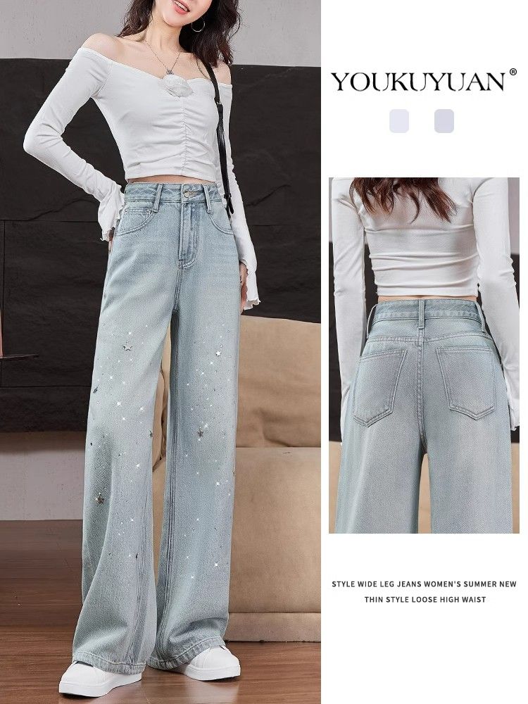 Women's hot diamond wide-leg jeans for women's spring new light color heavy industry with diamonds small narrow version straight-leg pants